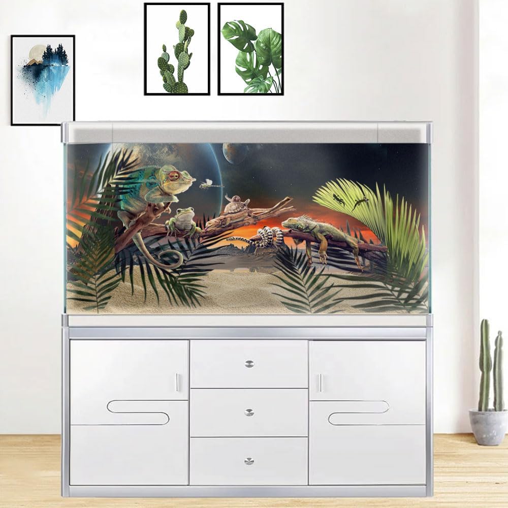 60X24IN Cosmic Aquarium Background, Cool Parallel Space Themed Fish Tank Background, Tropical Desert Terrarium Background with 8 EVA Double-Sided Tape