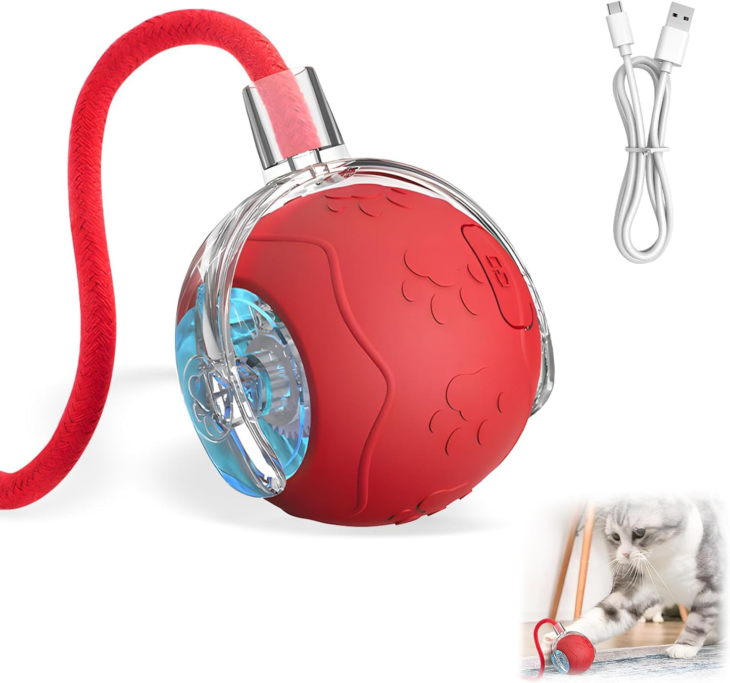 Interactive Cat Toys for Indoor Cats, 2025 New Interactive Cat Toys, Intelligent Automatic Rolling Pet Ball, Automatic Obstacle Avoidance Cat Toy Ball with Rope, Three Modes Adjustment (red)