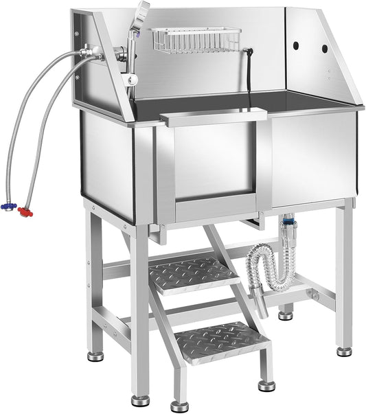 Professional Stainless Steel Dog Grooming Bathtub Station Wash Shower Sink with Faucet Walk-in Ramp and Accessories Pet Grooming Bathtub Station,34" L-RAMP
