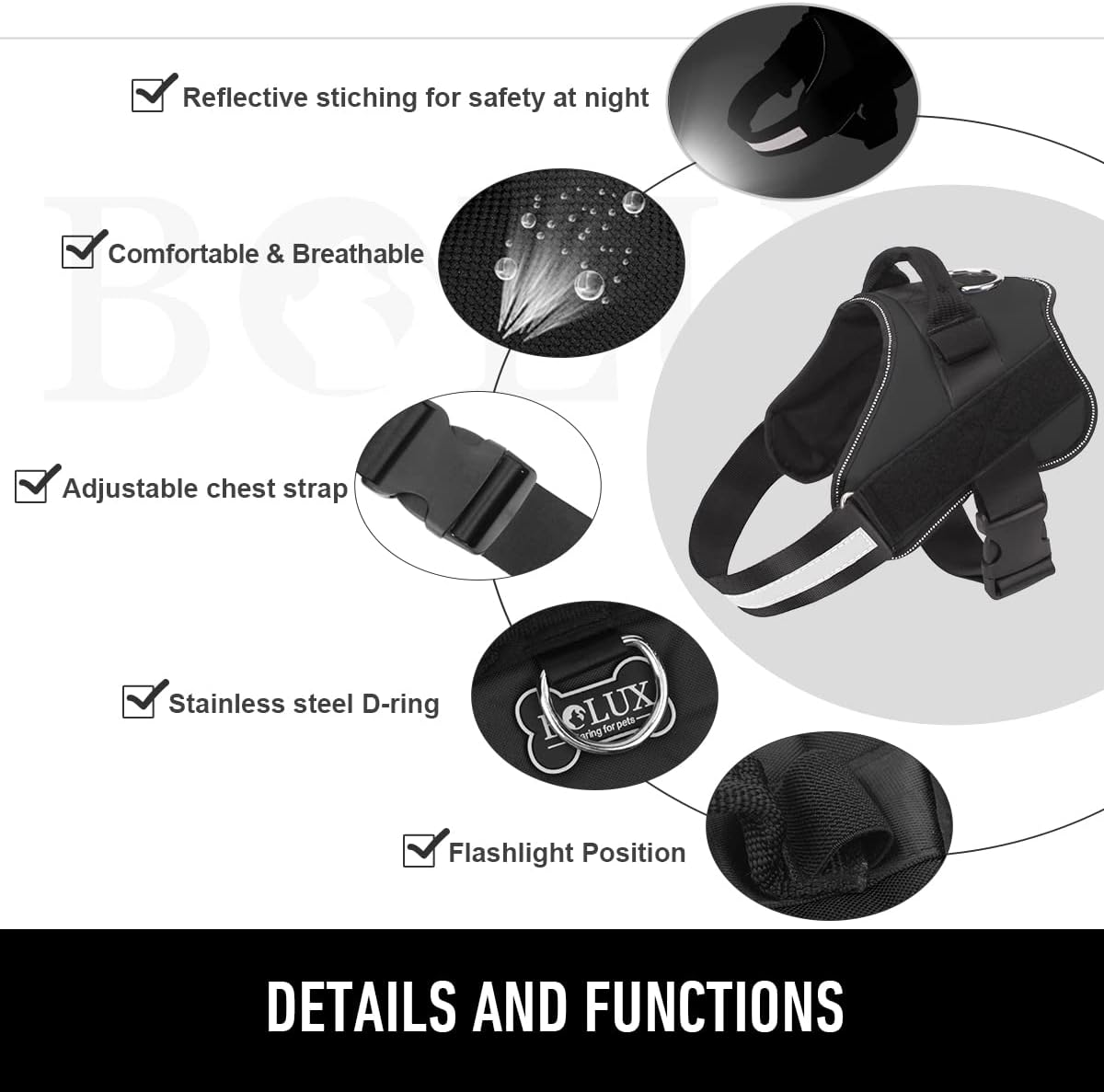 Bolux Dog Harness, No-Pull Reflective Dog Vest, Breathable Adjustable Pet Harness with Handle for Outdoor Walking - No More Pulling, Tugging or Choking (Black, L)