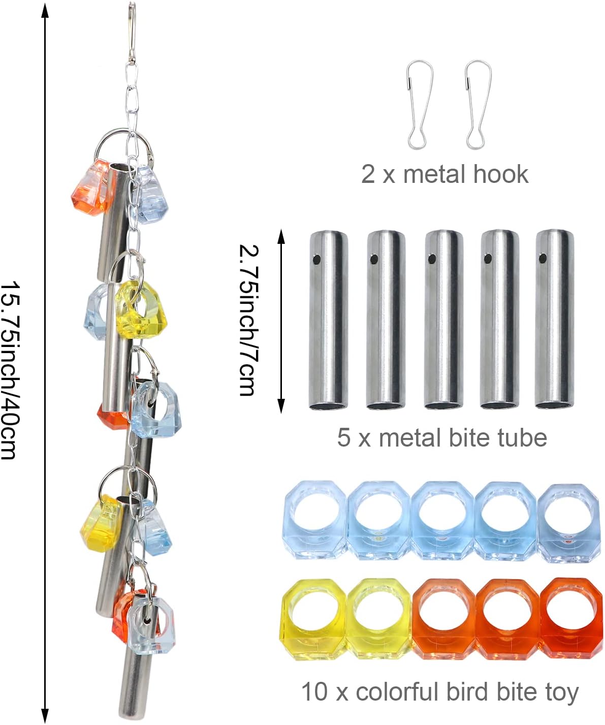 Litewoo Bird Stainless Steel Bells Pipe Bite Toy Hanging Swing Stand String Chew Toy Durable for Small Parrot Parakeet Cockatiel Conure Lovebird Budgie