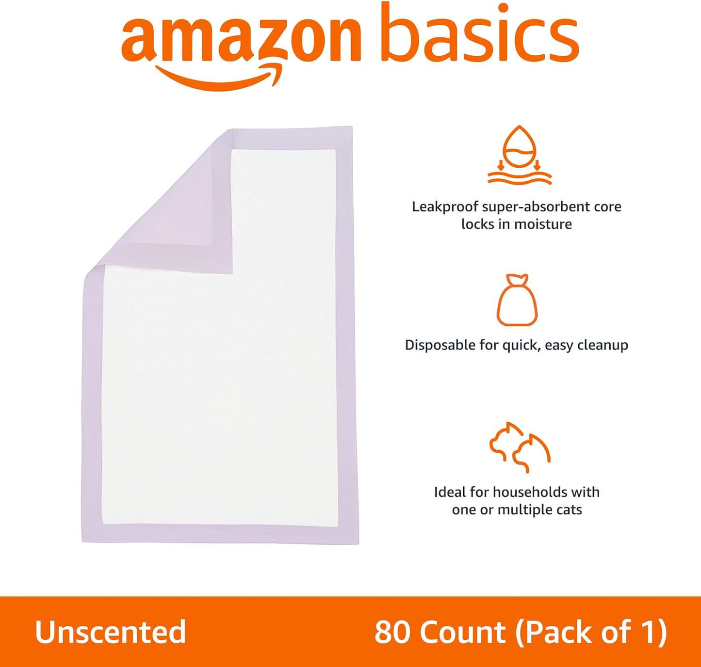 Amazon Basics Cat Pee Pads, 80 Count, Universal Fit for Litter Box, Odor Control, Unscented, White/Purple