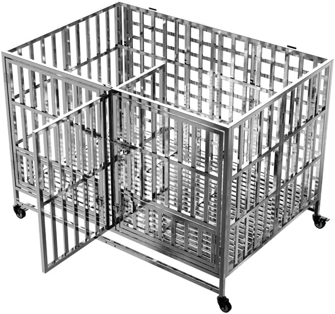 Collapsible Stainless Steel Dog Crate, 30" 37" 42" 48" Sizes, Lockable Wheel, with Tray, Stackable, Heavy Duty, Divider, Indoor and Outdoor (48insm)