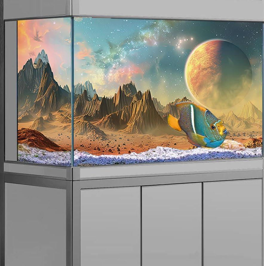 Cosmic Aquarium Background,Cool Galaxy Parallel Space Themed Fish Tank Background, Tropical Desert Terrarium Background 48X20IN with 8 EVA Double-Sided Tape
