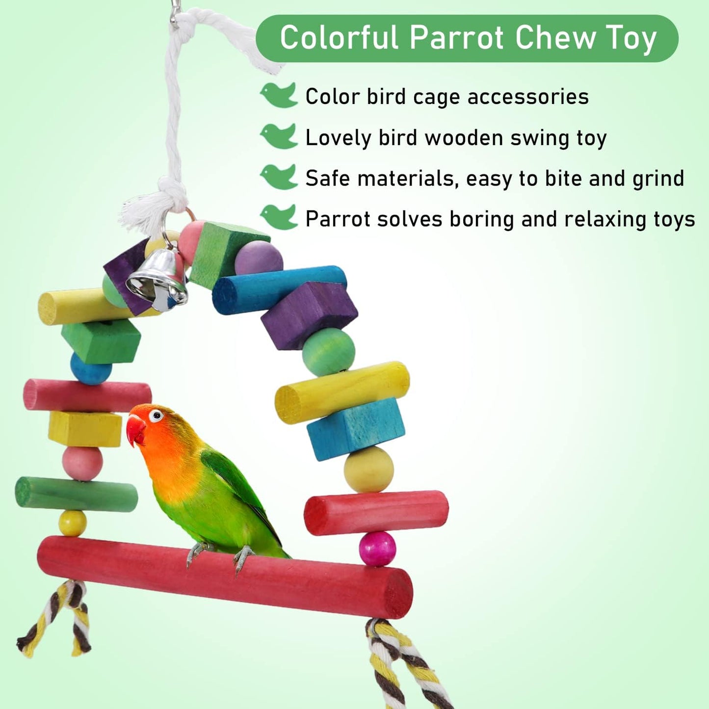 Litewoo Bird Swing Toys Natural Wood Knots Block Rainbow Bridge Wooden Hanging Bells Toys for Parrot Budgie Lovebirds Conures Parakeet cockatoo Cockatiel