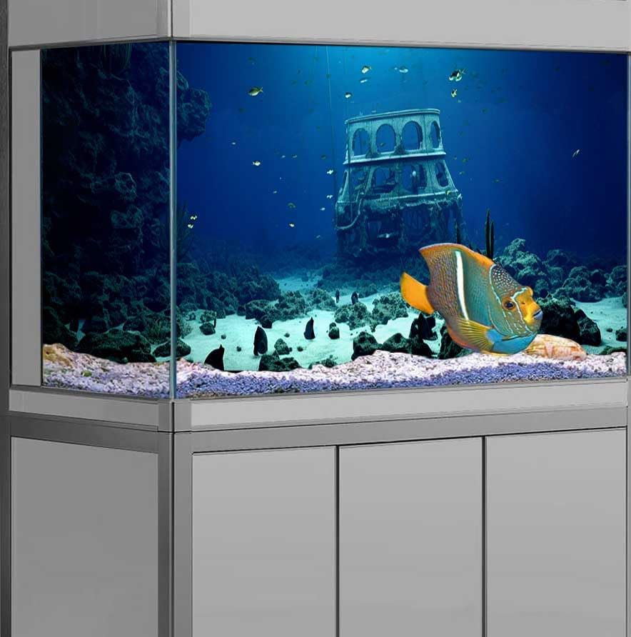 24X12IN Natural Underwater Aquarium Background, Pictures 3D Fish Reef Fish Tank Decoration Background, with 8 EVA Double-Sided Tape