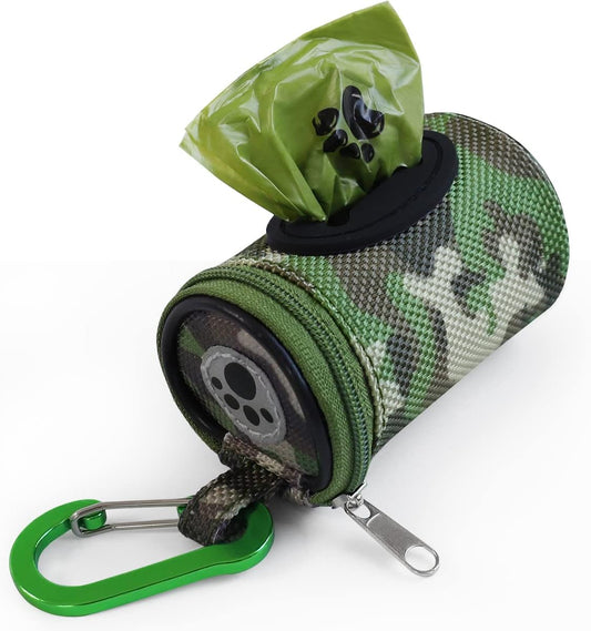 Dog Poop Bag Holder for Leash Doggie Waste Bag Dispenser Puppy Potty Carrier Small Doggy Zipper Pouch with Carabiner Clip 1680D Nylon Oxford with 1 Roll of Pet Trash Bags, Woodland Camo