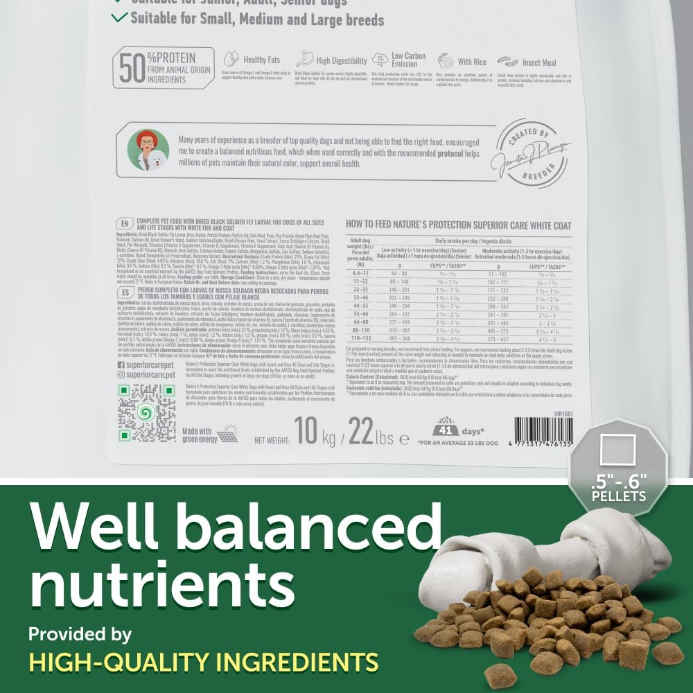 Nature's Protection Dry Dog Food for Puppy & Adult - High Protein Tear Stain Formula - Hypoallergenic Kibble for Small, Medium & Large Breed Dogs with Light Fur (Superior Care - Insect, 22 lb)