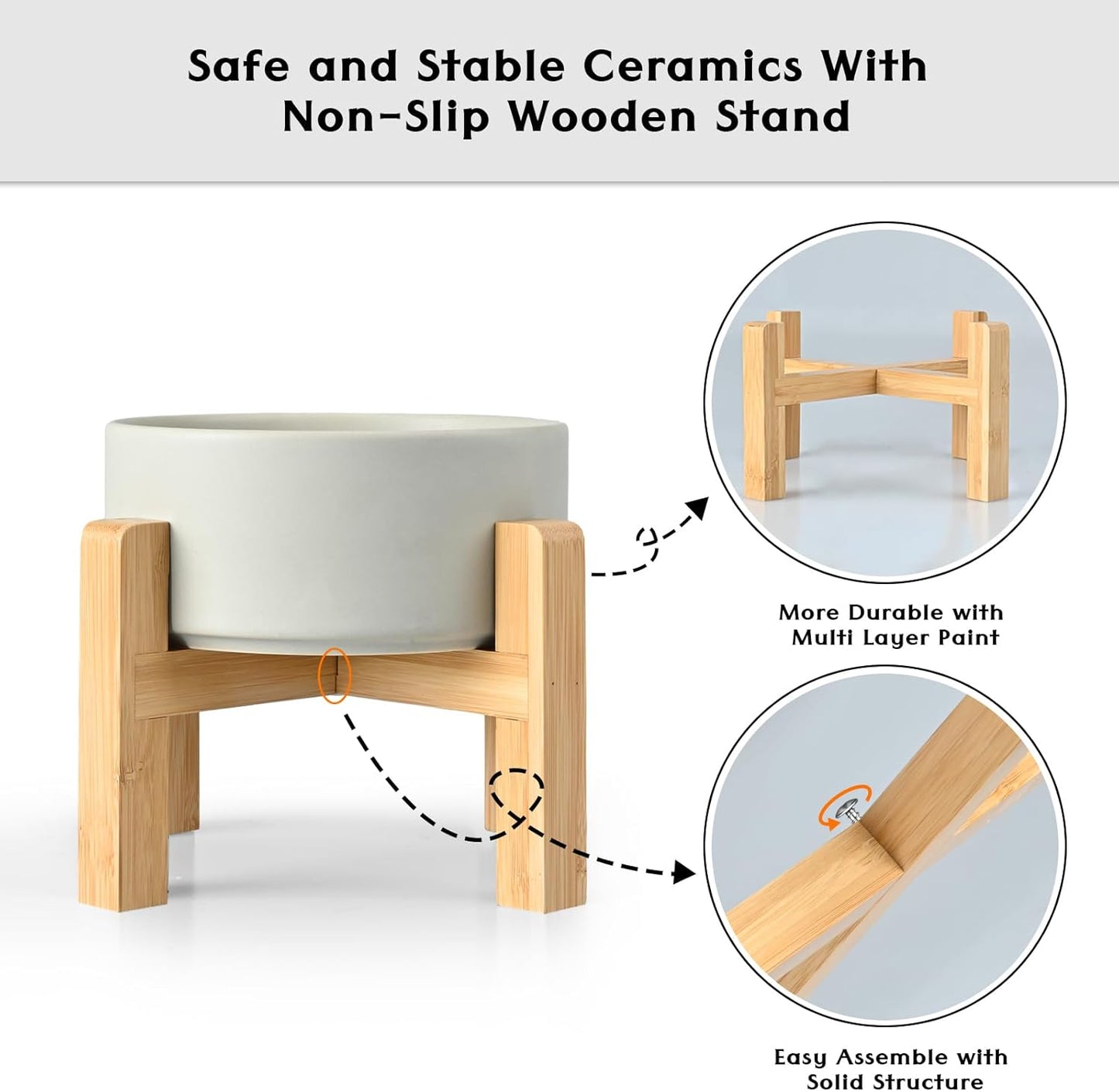 SPUNKYJUNKY Ceramic Elevated Dog Bowls 2 Pack - 6.1inch Raised Dog Bowls with Non-Slip Wooden Stand for Medium Dogs Dishwasher Safe(Grey,28.7OZ*2)