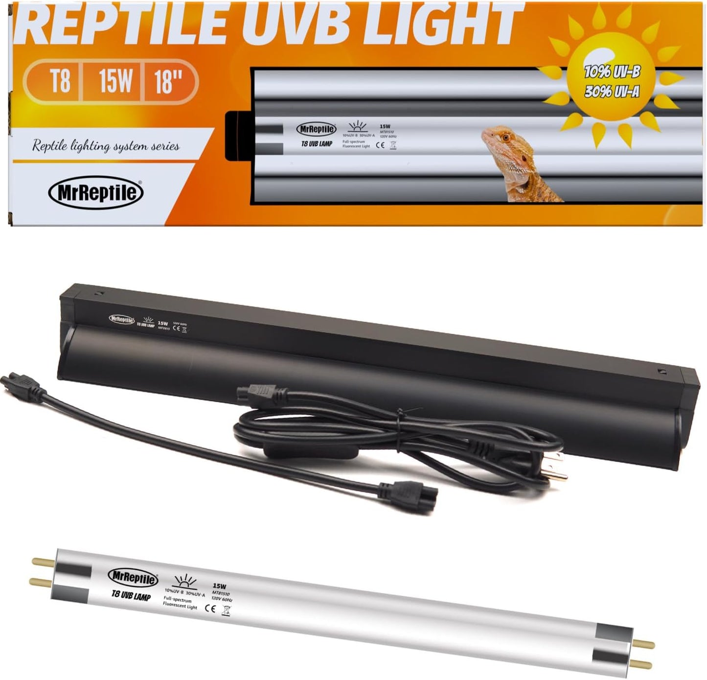 MRREPTILE T8 UVB Reptile Light, 15W 10.0 UVB Lamp for Desert Reptiles, Bearded Dragon UVB Light Bar, UVB Reptile Liner Light Fixture and Tube Bulb