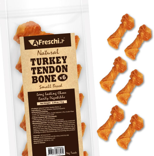 AFreschi Turkey Tendons for Dogs, USA-Sourced, Healthy Dog Treats, Rawhide-Free Puppy Chews, Long Lasting, All Natural, Hypoallergenic Dog Treats for Small Breeds, 6 Count Pack Bone (S)