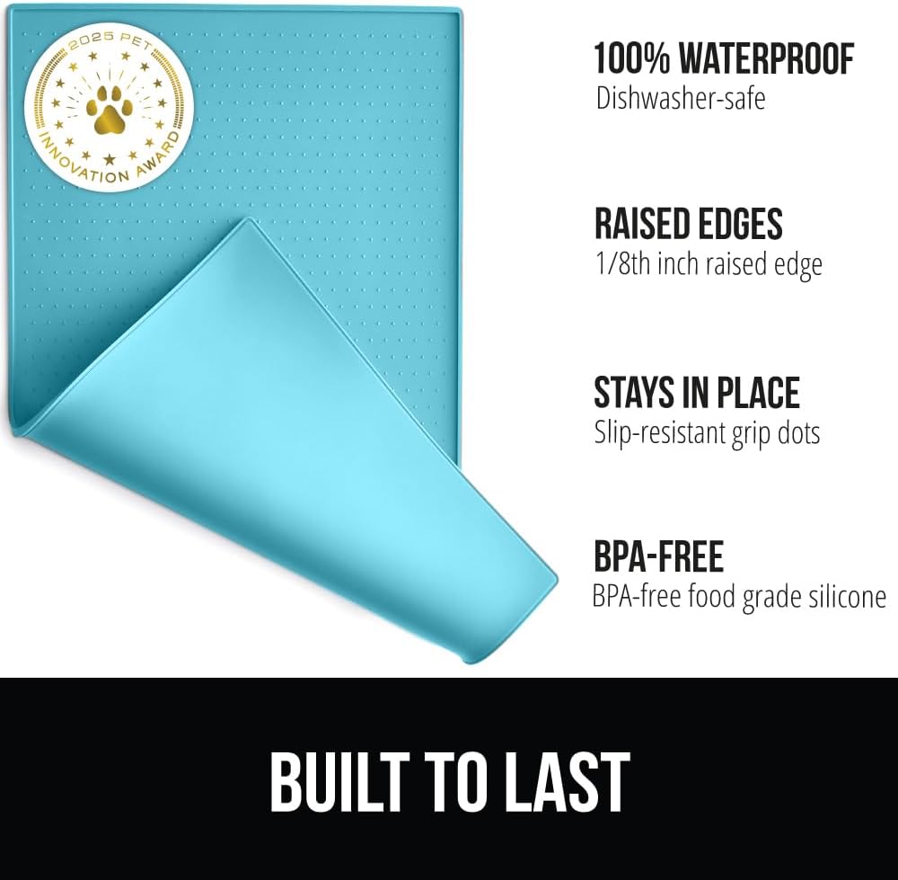 GORILLA GRIP 100% Waterproof Raised Edge BPA Free Silicone Pet Feeding Mat, Dog Cat Food Mats Contain Spills Protects Floors, Placemats for Cats and Dogs Water Bowl, Pets Accessories 23x15 Turquoise
