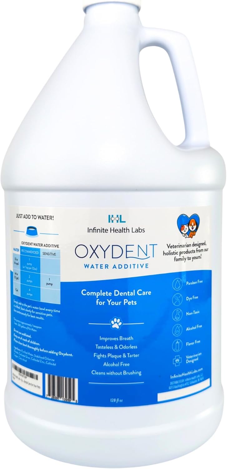 Oxydent Premium Pet Dental Care Solution - Pet Water Additive & Mouthwash for Teeth Cleaning - Eliminate Bad Dog & Cat Bad Breath - Dog Dental Rinse - Fights Tartar & Plaque - 1 Gallon