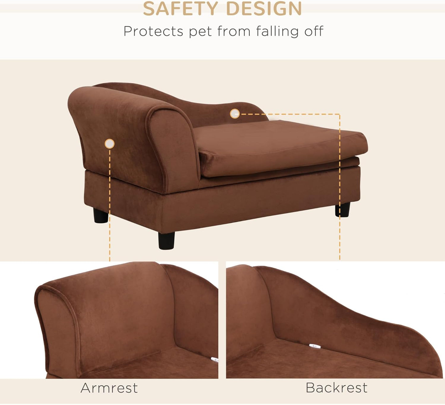 PawHut Luxury Fancy Dog Couch with Hidden Storage, Small Dog Sofa Bed with 2" Soft Foam, Modern Pet Furniture for Puppies & Little Breeds, Brown