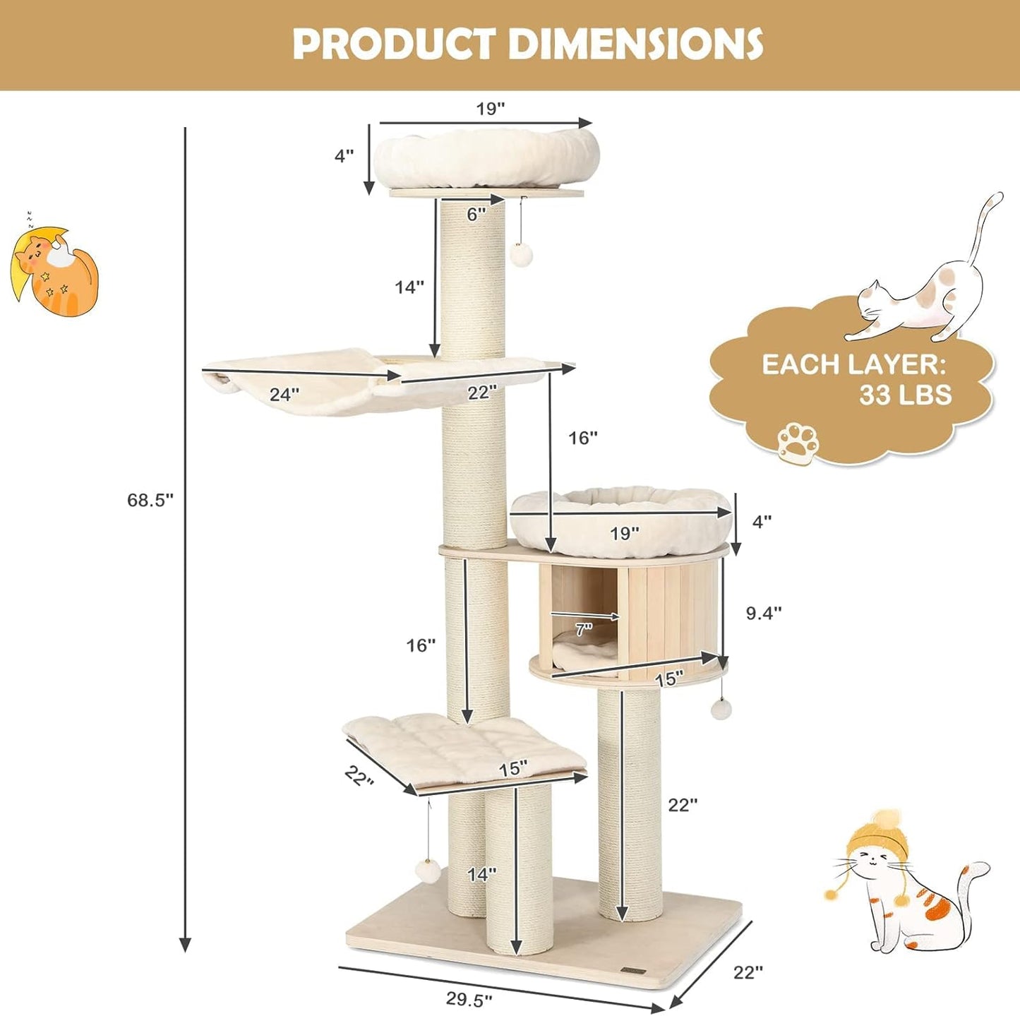 Tangkula Modern Cat Tree, Multi-Level Large Cat Tower with Condo, Hammocks & Hanging Basket, Tall Cat Tree with Sisal Posts, Washable Cushions, Wood Cat Trees and Towers for Indoor Large Cats
