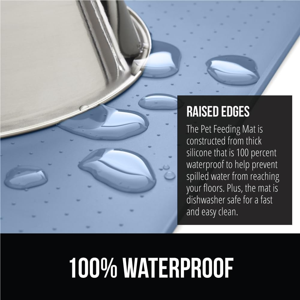 GORILLA GRIP 100% Waterproof Raised Edge BPA Free Silicone Pet Feeding Mat, Dog Cat Food Mats Contain Spills Protects Floors, Placemats for Cats and Dogs Water Bowl, Pets Accessories 23x15 Blue