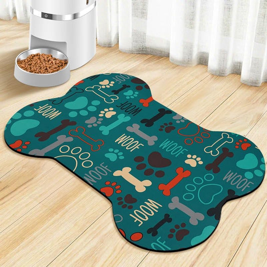 Dog Food Mats for Floors Waterproof, Pet Feeding Absorbent Water Bowl Mat Cat Placemats Green Bone Shape 23.6 * 15.7 inch