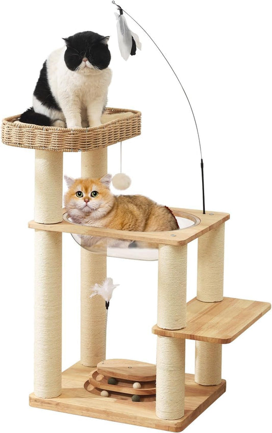 34 Inch Solid Wood Cat Tree Tower with Space Capsule, Hand-Woven Basket Nest, Feather Toy, Hanging Balls, Sisal Posts, 4-Tier Indoor Climbing Cat Tower for Kittens