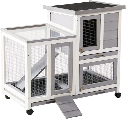 Rabbit Hutch, Indoor Rabbit Cage Two Story Bunny Hutch with Wheels Guinea Pig Cages with Removable No Leaking Tray, Ramp, Outdoor Pet House for Small Animals