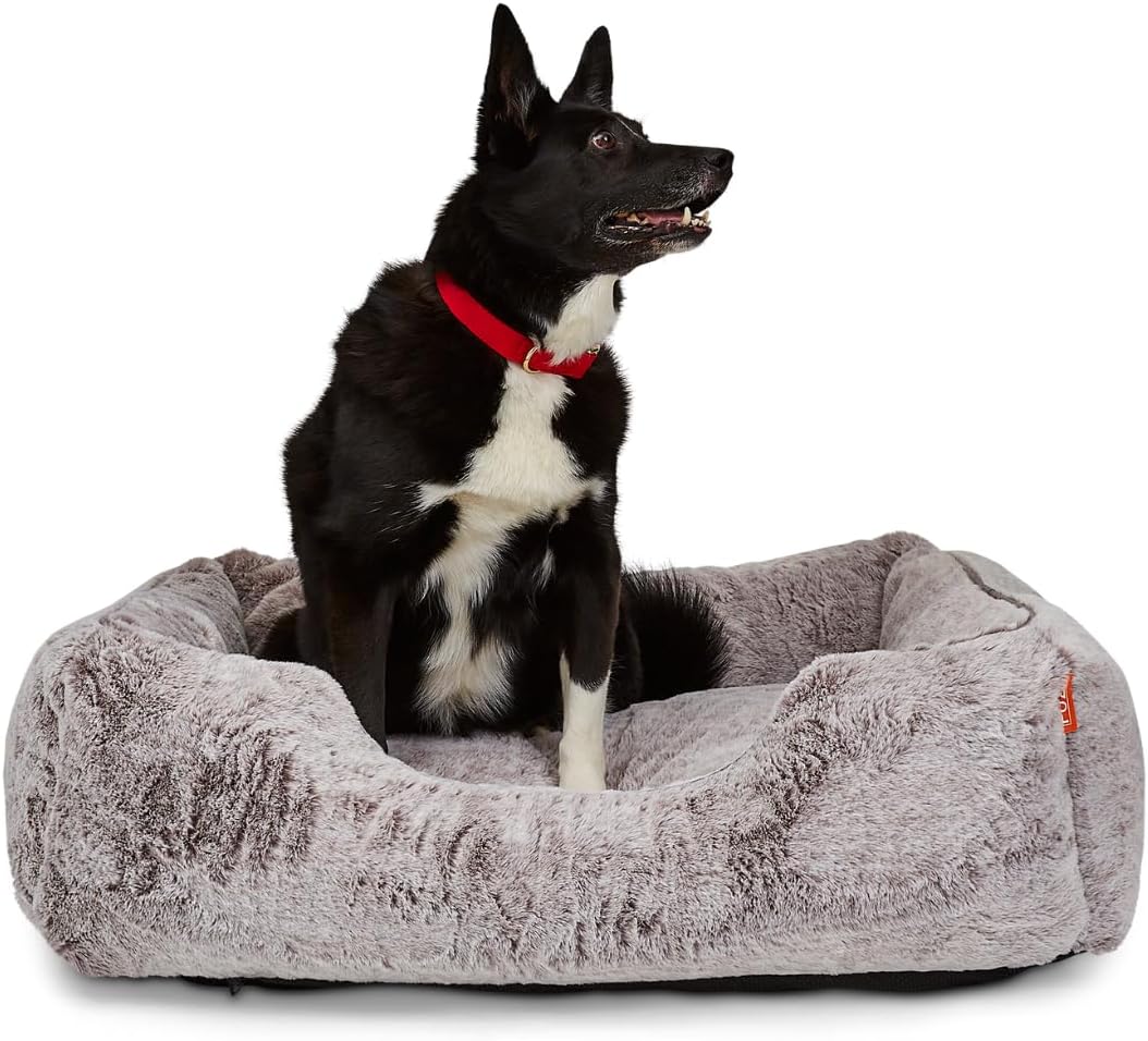 FUZI Luxury Aesthetic Dog Bed for Medium Dogs with Washable Cover, Pet Couch, Pet Bed with Sides, Non-Slip Bottom, Soft and Durable Calming Dog Bed, Faux Rabbit Fur, Medium 31.75x23.6x9.5 Light Grey