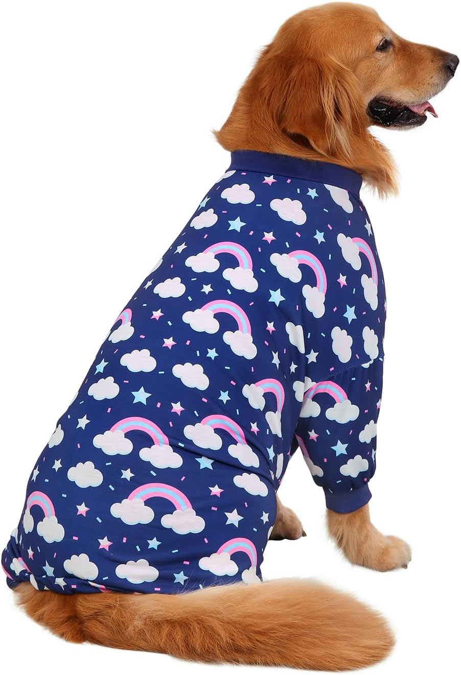 HDE Dog Pajamas One Piece Jammies Jumpsuit Pet Clothes Outfit Stretchy Lightweight Comfy Shirt Pjs for M-3XL Dogs Rainbows - XL