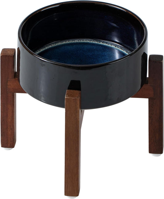 Ceramic 7.3inch Raised Dog Bowl Set, Elevated with Acacia Wood Stand, Food and Water Bowl for Medium Breed Dogs, Weighted Pet Dishes(41oz, Starry Sky)