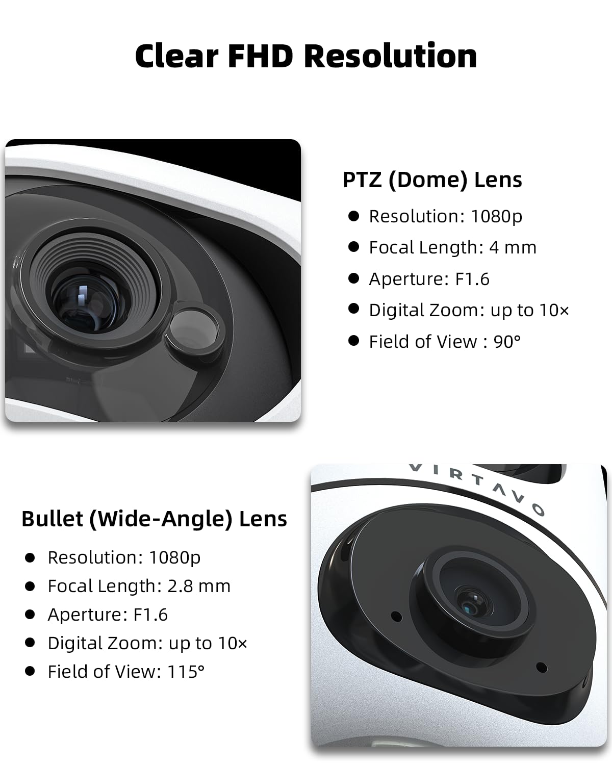 virtavo XD1 Indoor Pet & Baby Camera, No Subscription Required, Dual-Lens 360° PTZ, Motion Tracking, 2-Way Audio, Night Vision, Cloud/SD Storage, Phone App, WiFi, 2-Pack, Power Adapter Included