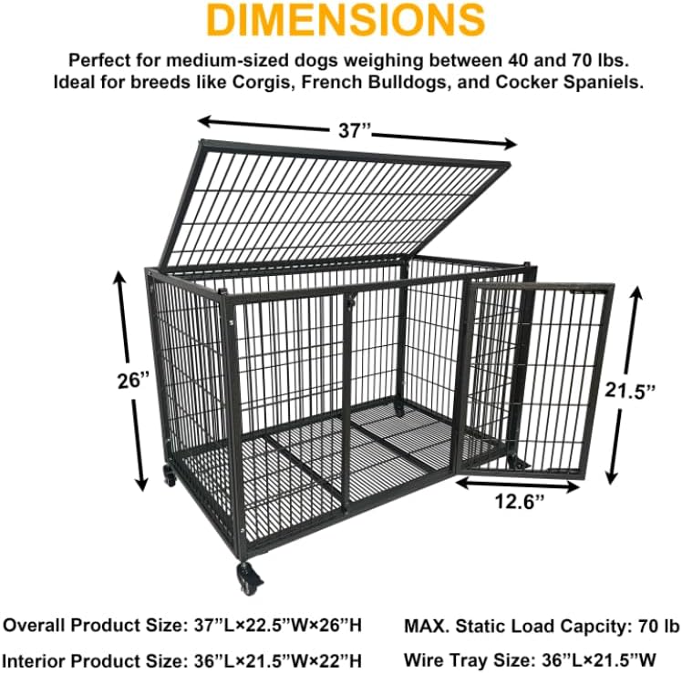 54 Heavy Duty Dog Crate Cage with Divider, Indestructible and Escape Proof Steel Kennel Indoor for High Anxiety Dogs with Removable Tray, Lockable Wheels, Double Door, Extra Large XL XXL