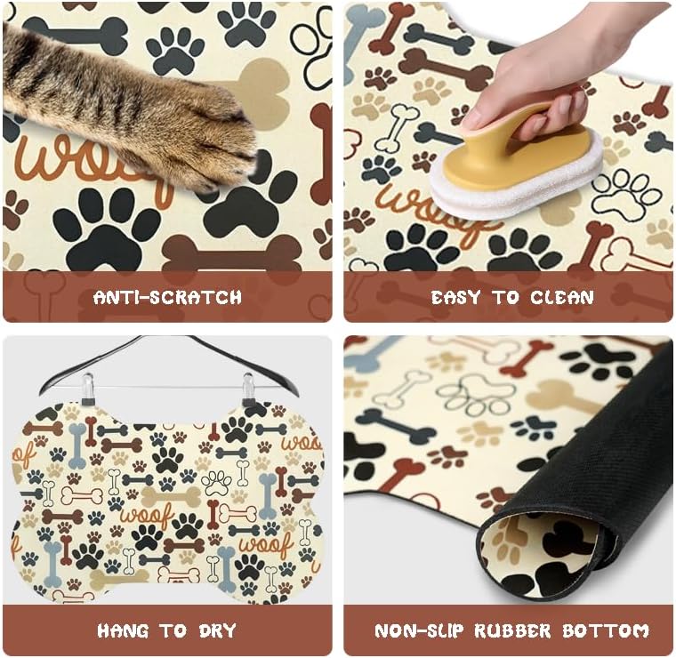 Dog Food Mats for Floors Waterproof, Pet Feeding Absorbent Water Bowl Mat Cat Placemats Beige Bone Shape 23.6 * 15.7 inch