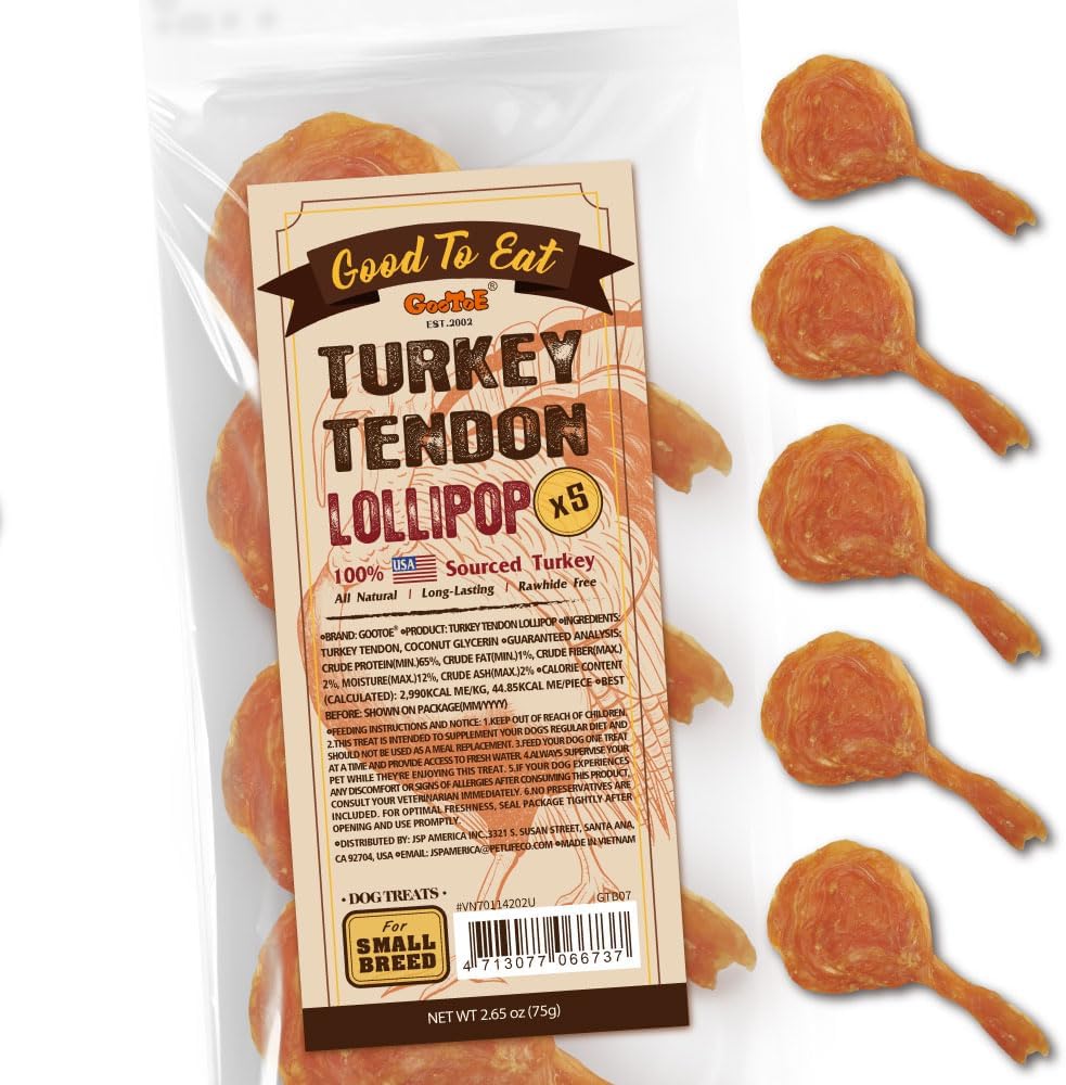 Gootoe Turkey Tendons for Dogs –All-Natural, Hypoallergenic Dog Treats, Rawhide Alternative, Long Lasting Puppy Chews, Healthy Dog Treats for Small Breeds, Lollipop (S), 5 Count Pack