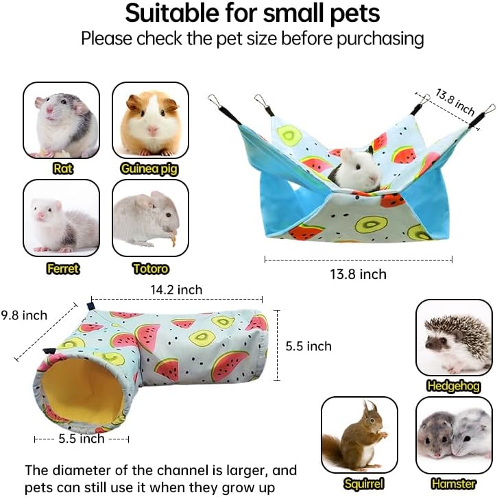 Large Caliber Guinea Pig & Rat Tunnel Hideout & Hammock, Corner Hideout Toy for Guinea Pig, Ferret, Hedgehog & Piggy to Hide and Shuttle (3. Hammock&Tunnel-Watermelon)