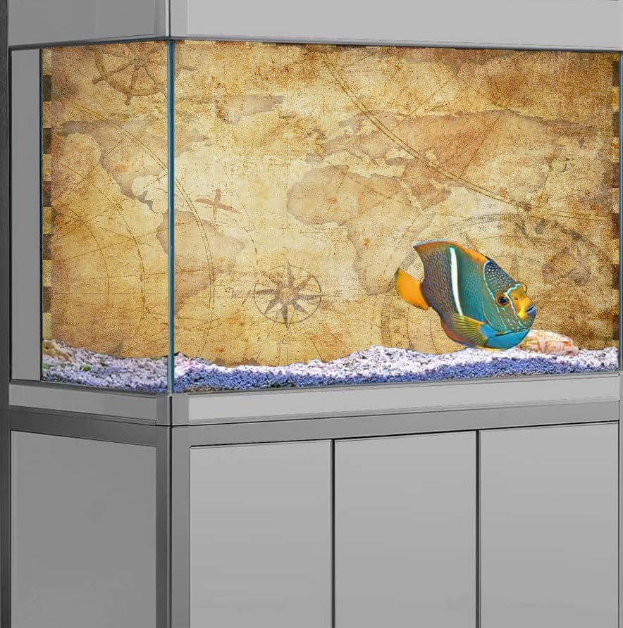 72X16IN Retro Old Travel World Map Terrarium Background, Art Parchment Pirate Treasure Map Reptile Habitat Background with 10EVA Double-Sided Tape