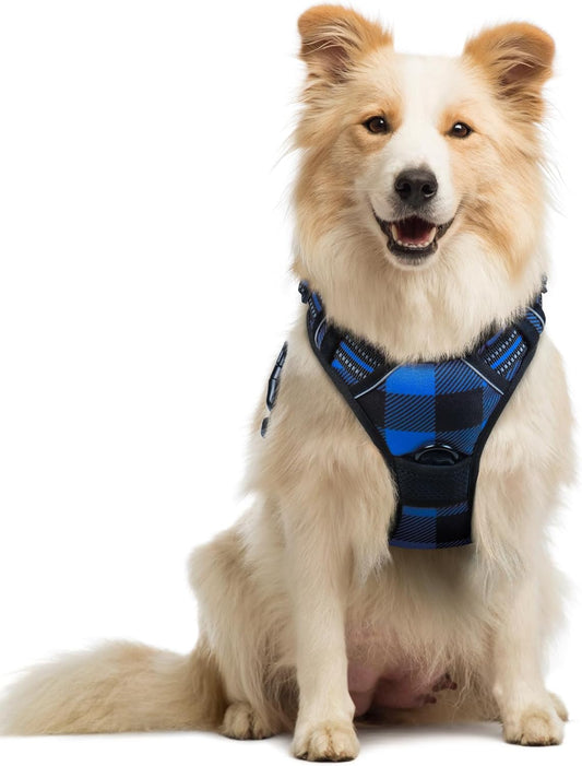 rabbitgoo Dog Harness No Pull with 2 Leash Clips, Adjustable Soft Padded, Reflective Oxford No Choke Pet Vest with Easy Control Handle for Medium Sized Dogs, Blue Plaid, M
