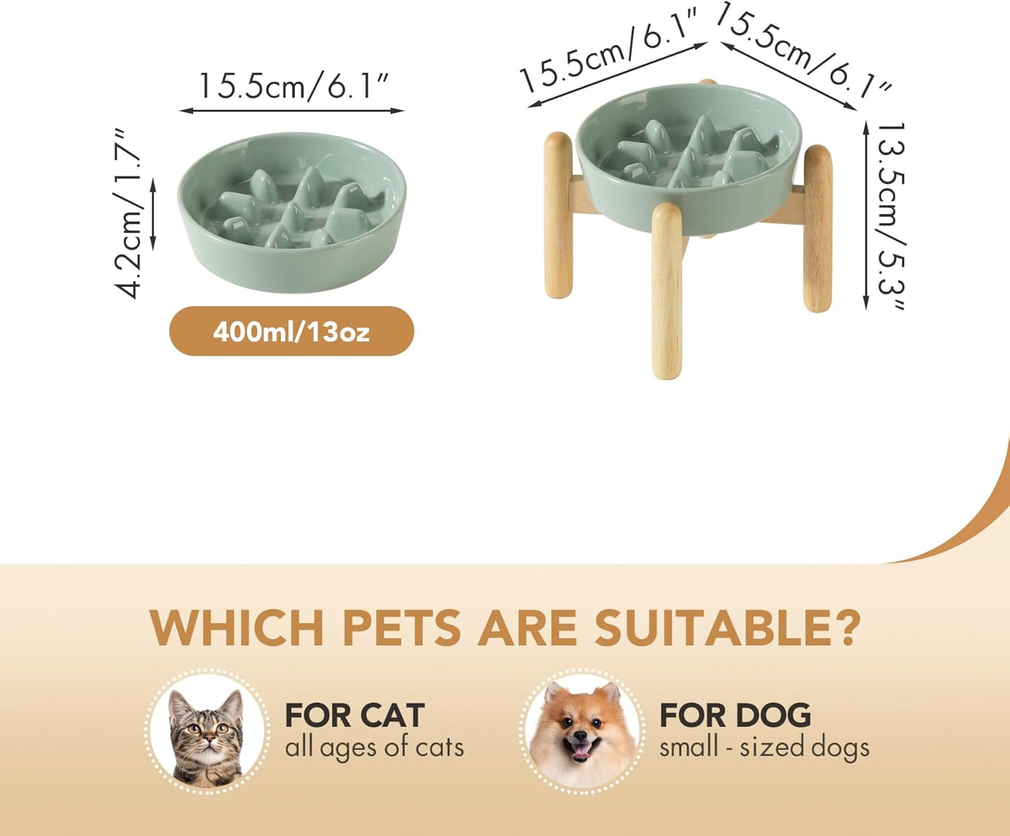 6.1inch Ceramic Dog Raised Slow Feeder Set, Elevated Bowl with Wooden Stand for Small Dog, Pet Slow Feeder Dish for Fast Easters, Anti-Gulping(Light Green, Single Bowl+ Stand)