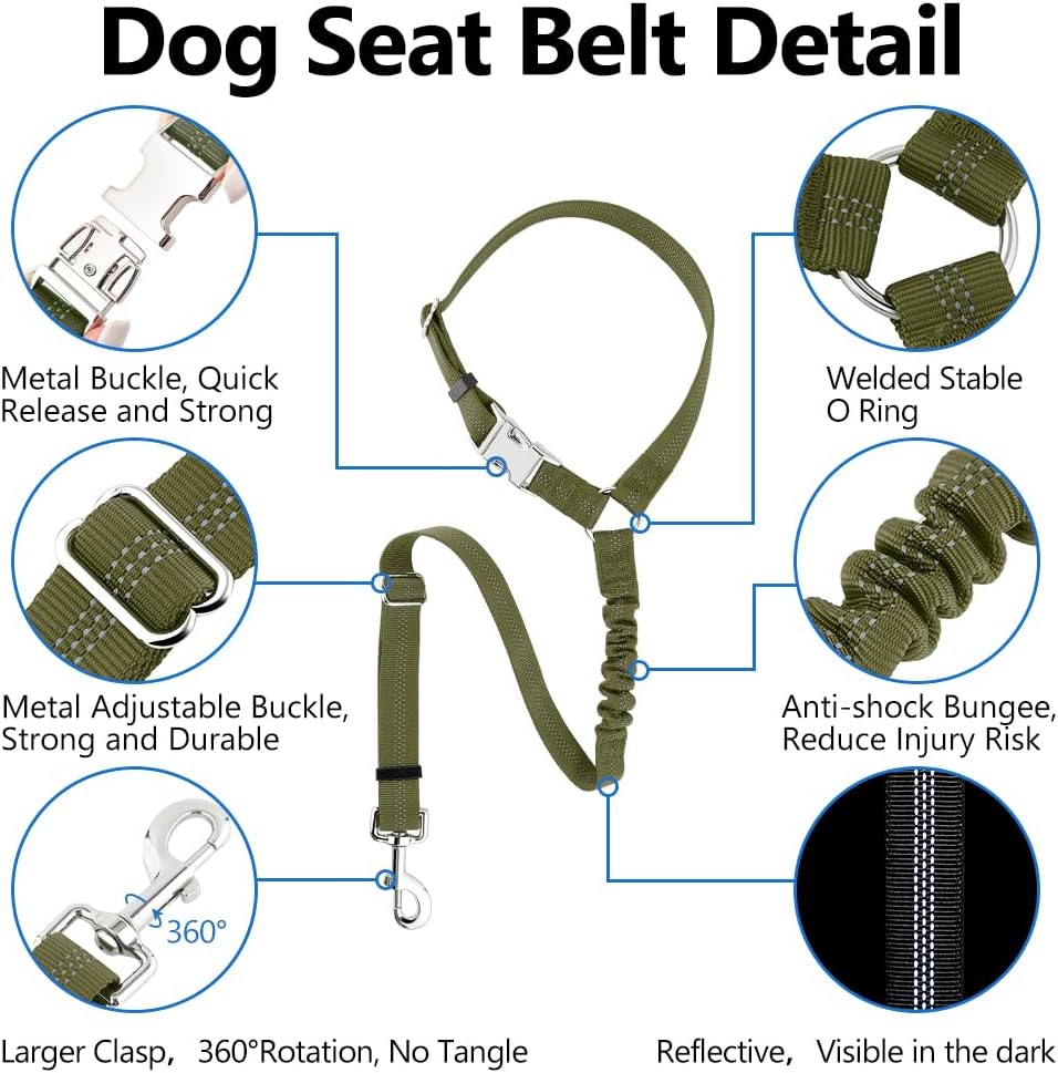 Plutus Pet Dog Seat Belt for Car Headrest, Reflective and Adjustable Restraint with Elastic Bungee for Safety, Vehicle Seatbelt Harness for Small Medium Large Dogs and Cats, Ranger Green