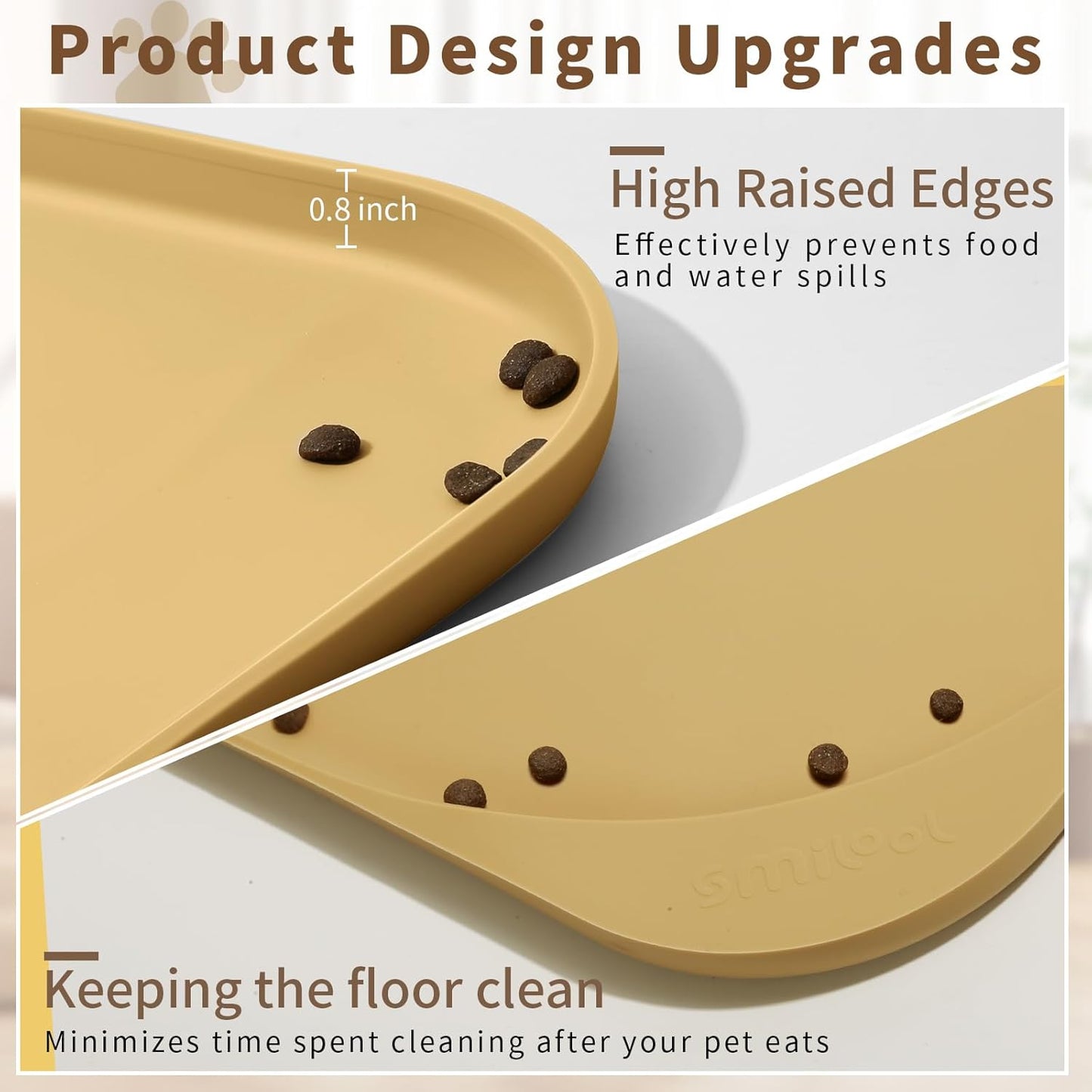 Silicone Pet Feeding Mat with Raised Edge & Residue Collection Pocket for Food and Water, Dog Bowl Mats, Cat Bowls Placemat with High Lip for Floor Waterproof, 24 x 16 x 0.8 Beige