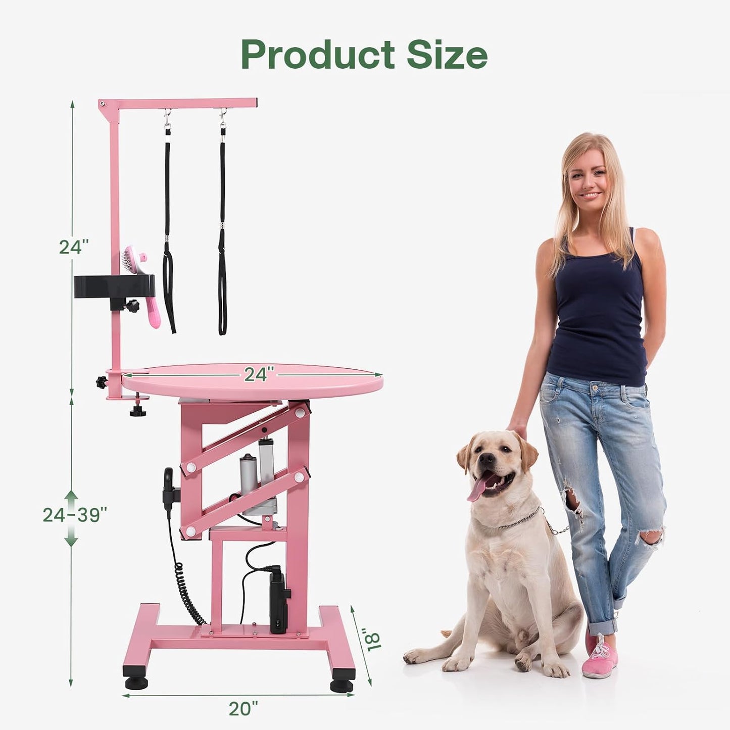 Electric Hydraulic Lift Pet Dog Grooming Table, 24Inch Grooming Desktop for Small Dogs, with Overhead Arm, Wireless Remote, Tool Organizer, Pink