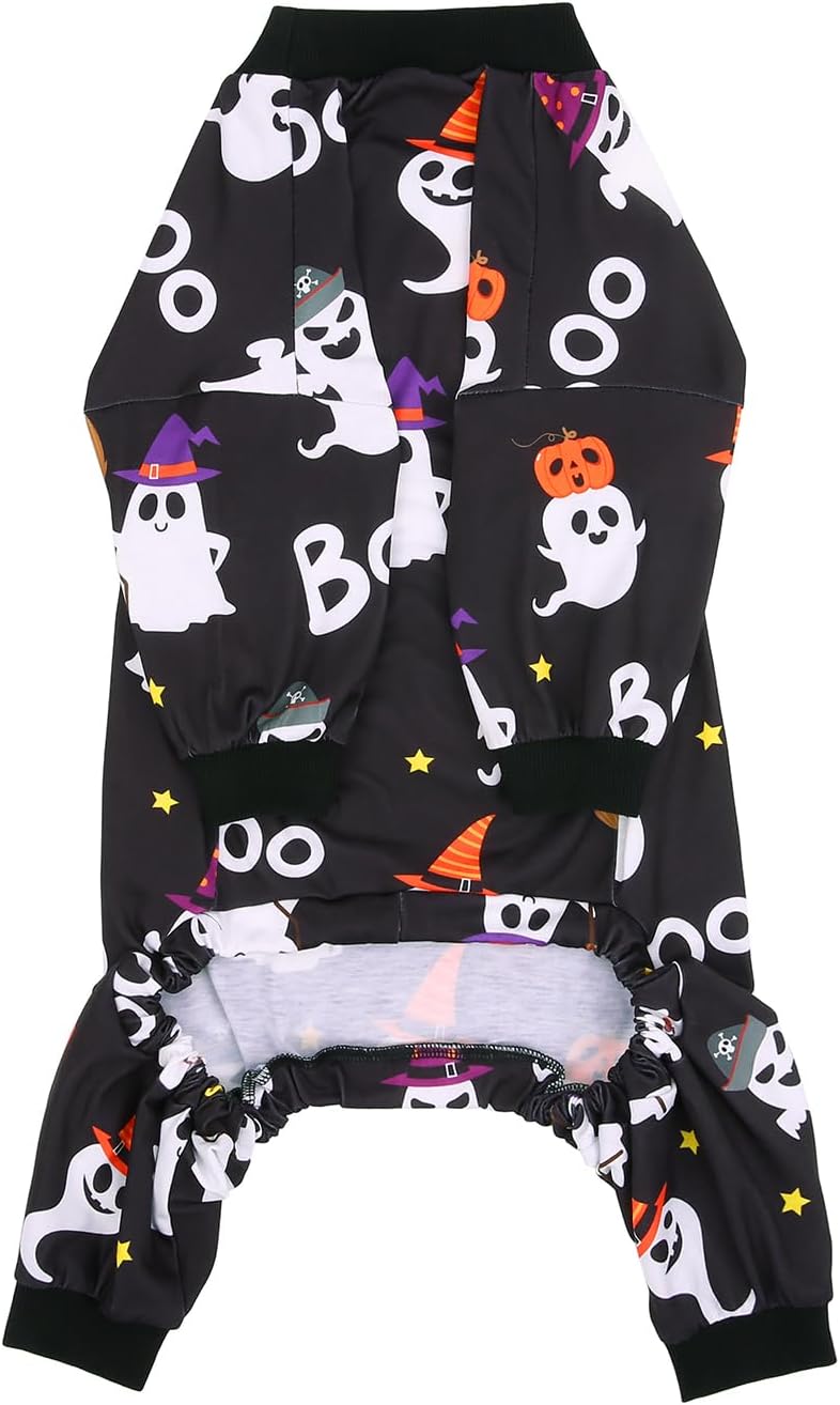 HDE Dog Pajamas One Piece Jammies Jumpsuit Pet Clothes Outfit Stretchy Lightweight Comfy Shirt Pjs for M-3XL Dogs Cute Ghosts - M