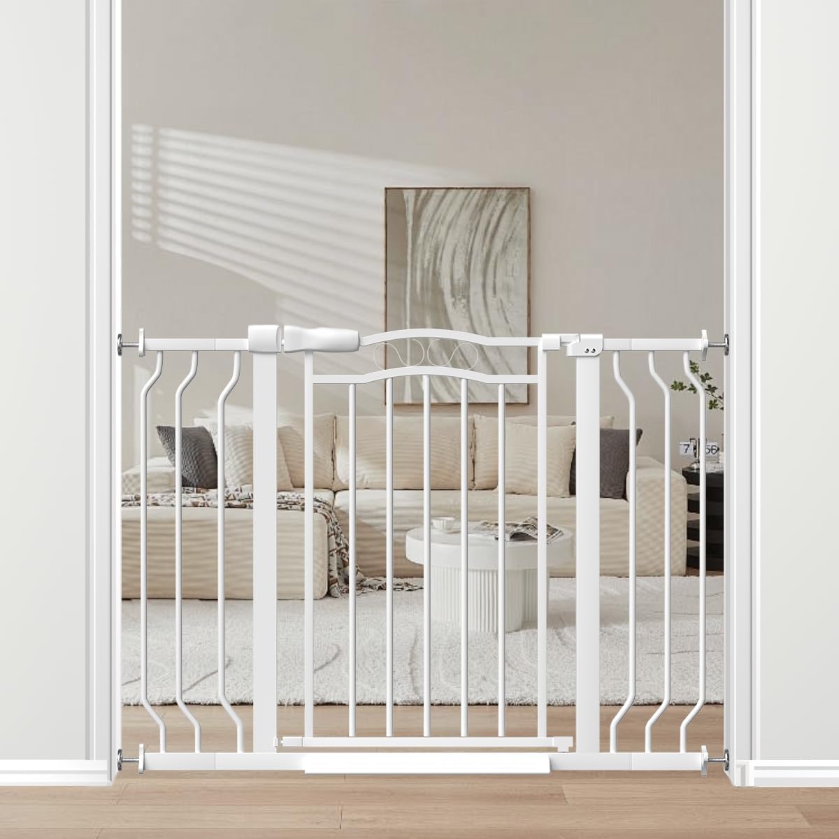 29.9-43.7 in Wide Baby Gate for Stairs Doorways, Auto Close Child Safety Gates Indoor for Dogs Pets, Pressure Mounted Metal Barrier Kids Toddler Door Walk Through, 30" Tall, White