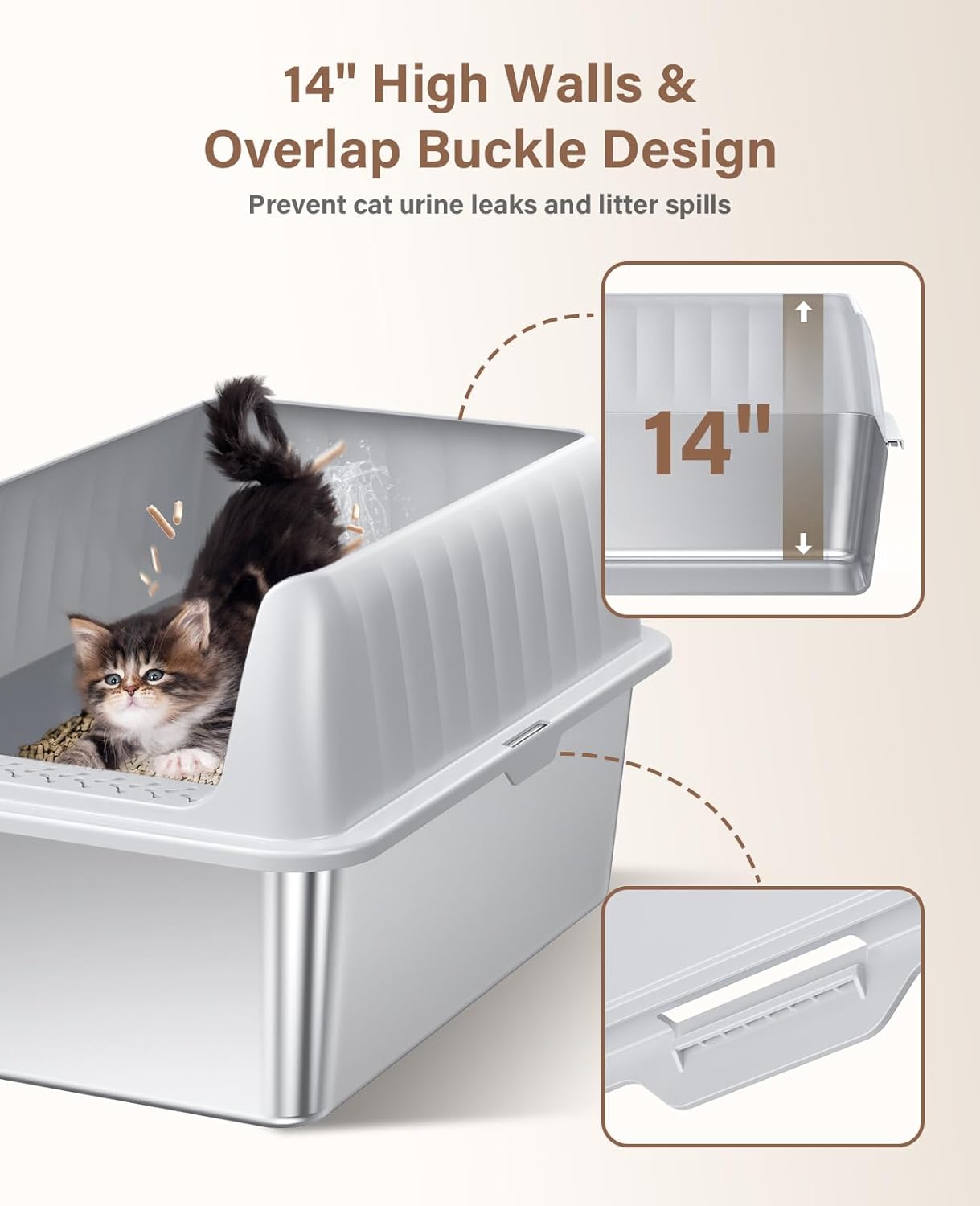 Cat Litter Box Stainless Steel XL with Lid, Enclosed Metal Extra Large Litter Box Pan High Sided with Scoop for Big Cats, Non-Sticky, Anti-Urine Leakage, Easy Cleaning