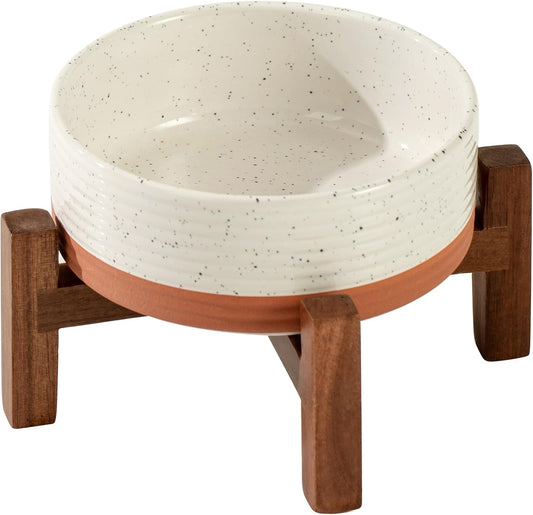 Ceramic 5.1inch Raised Dog and Cat Bowl Set, 2 Heights Elevated Wooden Stand for Puppy, Kitty, Cats, Weighted Pet Food and Water Dishes(5.1'',13.5oz, Vanilla White)