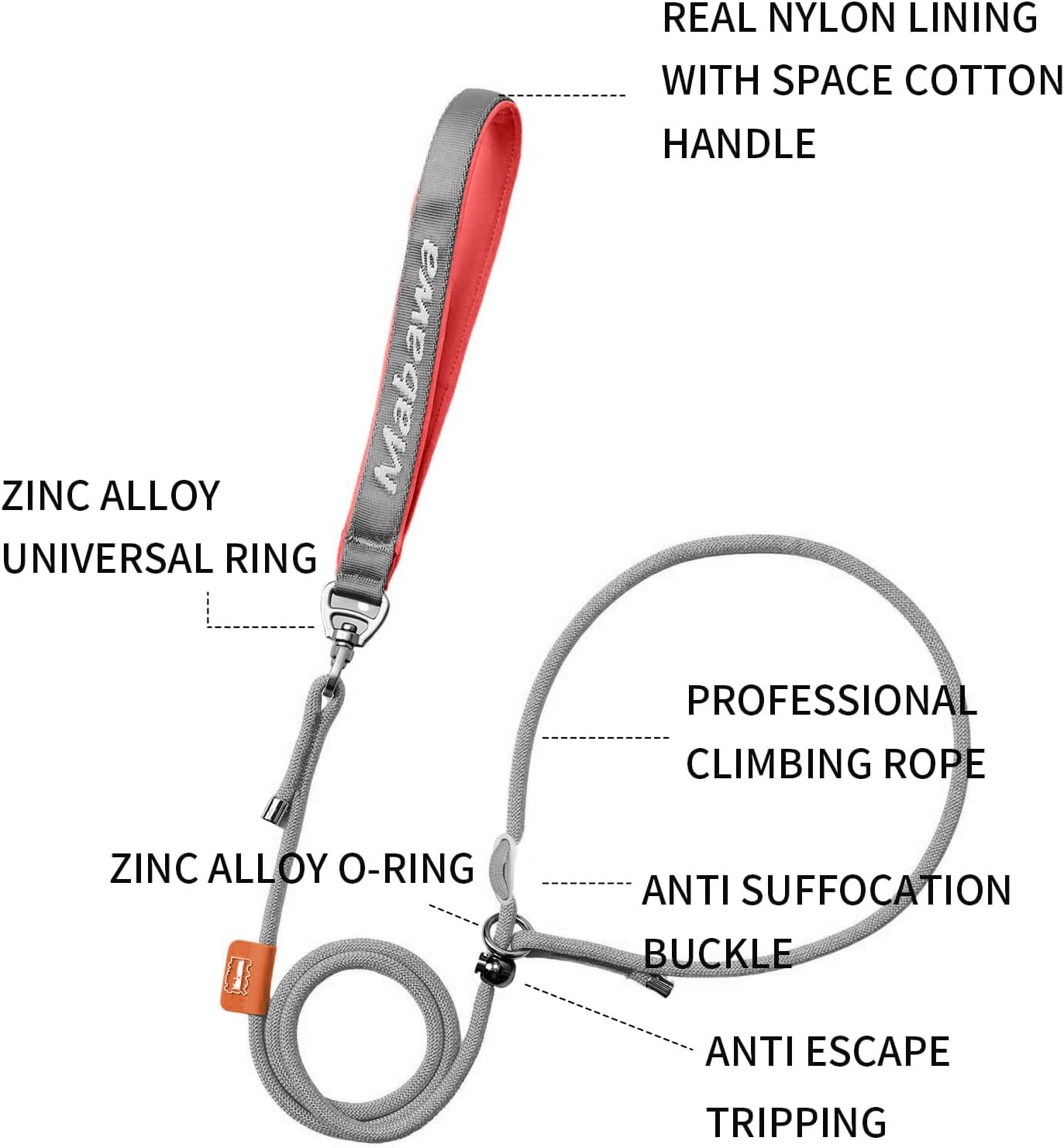 Dog Anti-Slip Leash 5FT with Metal Stopper - Durable No-Pull Training Lead for Small, Medium & Large Dogs - Comfortable Handle Nylon Rope, Tangle-Free Pet Walking Leash (Gray, 5.6FT)