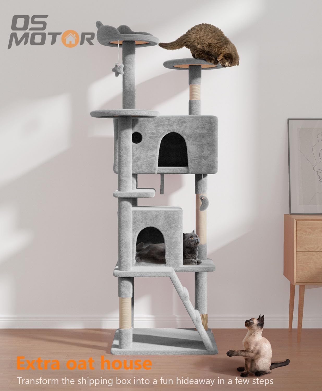 70'' Cat tree Tower for Indoor Cats Large Adult,Cute/Tall Modern Cat Tree for Big Cats 20 lbs,Plush Multi-Level Cat Condo with Scratching Posts,Dangling Ball for fun play(Light Gray, 70 inch)