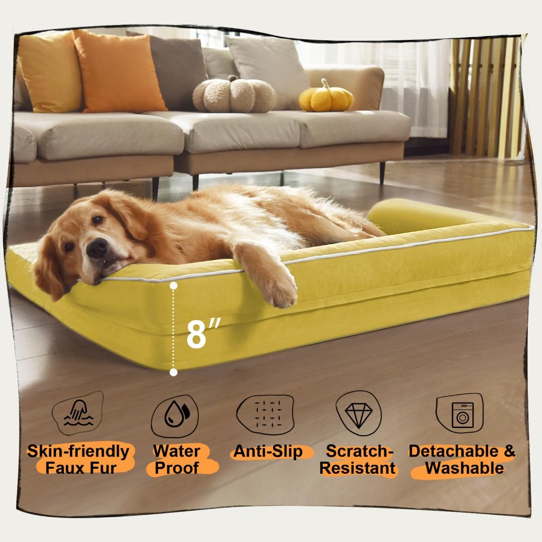 Large Dog Bed Orthopedic Washable | Beds Bolster Pet - XXL Large Big Dogs - Memory Foam - Couch Sofa - Waterproof with Removable Cover - Ginger Yellow Dog Bed