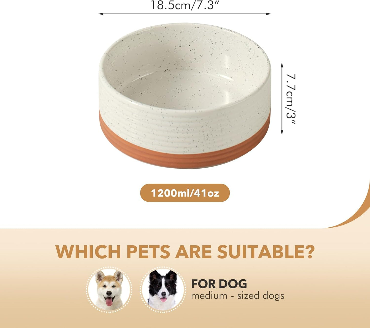 Ceramic 7.3inch Dog Bowl for Medium Breed Dogs, Anti-Slip and Weighted Pet Food and Water Dishes(Single Bowl, Vanilla White)
