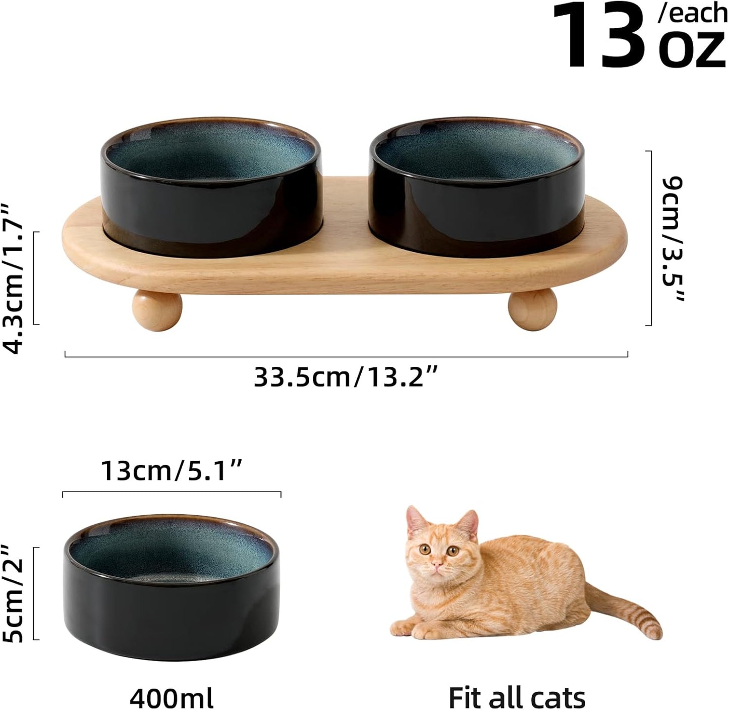 Ceramic Elevated Cat Food and Water Bowl, Kitty Bowl, Raised Cat Dish, Pet Feeder (5.1 in, 2 x Starry Sky + Stand)