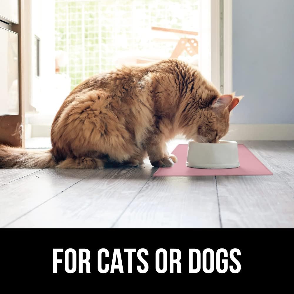 GORILLA GRIP 100% Waterproof Raised Edge BPA Free Silicone Pet Feeding Mat, Dog Cat Food Mats Contain Spills Protects Floors, Placemats for Cats and Dogs Water Bowl, Pets Accessories 18.5x11.5 Pink