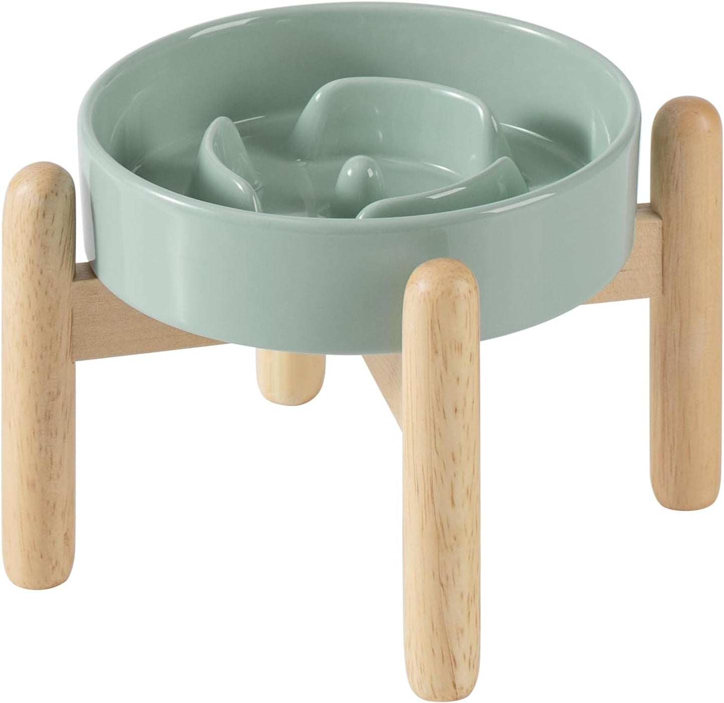 6.1inch Ceramic Raised Slow Feeder Dog Bowl Set, Elevated Wooden Stand for Small Dog and Cat, Puzzle Slow Dish, Preventing Choking(Light Green, Single Bowl+ Stand)