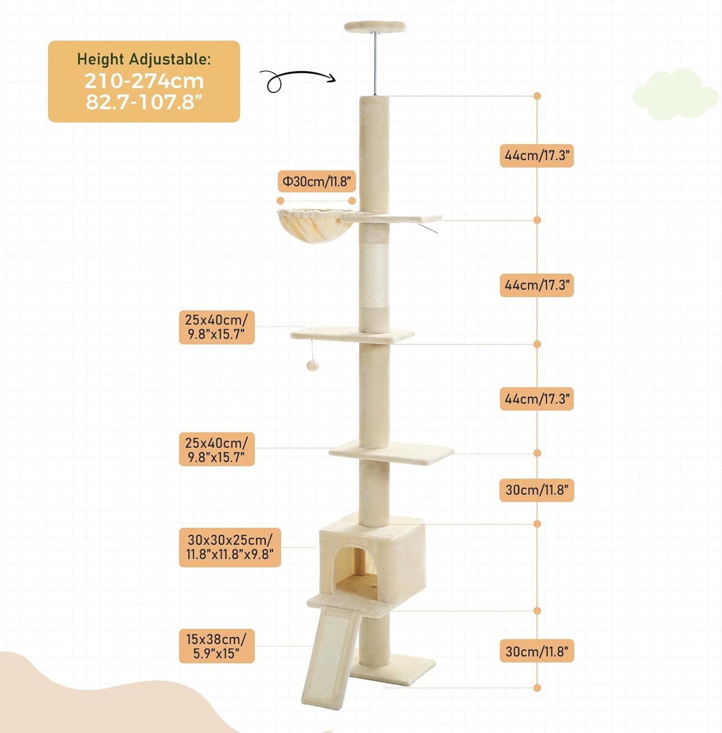 PEQULTI Floor to Ceiling Cat Tree, Tall Cat Tower, Adjustable Height (83''-108'') 5 Levels Climbing Tree for Indoor Cats with Cat Condo, Cozy Hammock and Scratching Post, Beige