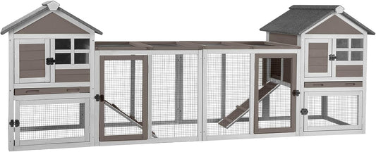 Aivituvin Large Rabbit Hutch Indoor Bunny Cage Outdoor with Run Chicken Coop Guinea Pig House with Waterproof Asphalt Roof,No Leakage Pull Out Tray (103.2" L x 25.2" W x 36.2" H,Brown-2 Sets)